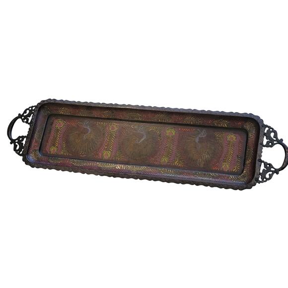 Vintage Elongated Etched Brass Tea Tray Ornate Peacock Tray Platter with Handles - Picture 1 of 16